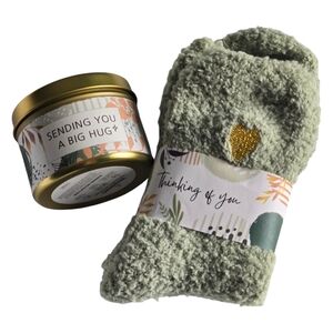 Gift Set - Self Care -Fuzzy Green Socks and Aromatherapy Candle Set - 2 Piece